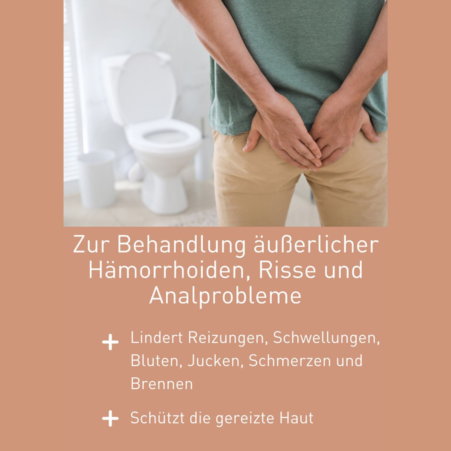 Text auf braunem Hintergrund. Zur Behandlung äußerlicher Hämorrhoiden, Risse und Analprobleme. Lindert Reizungen, Schwellungen, Blutungen, Jucken, Schmerzen und Brennen.