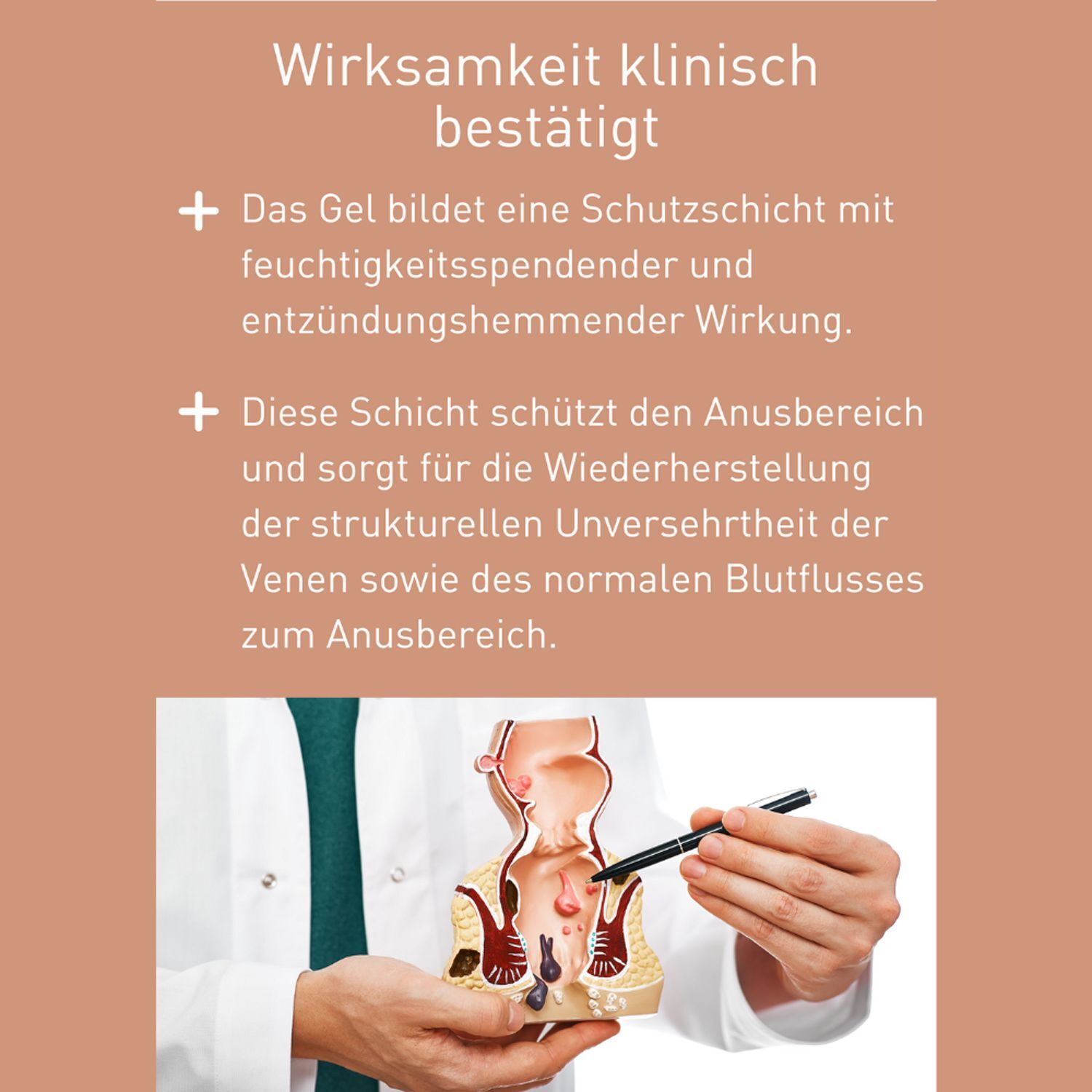 Text auf braunem Hintergrund. Wirksamkeit klinisch bestätigt. Das Gel bildet eine Schutzschicht mit feuchtigkeitsspendender und entzündungshemmender Wirkung.