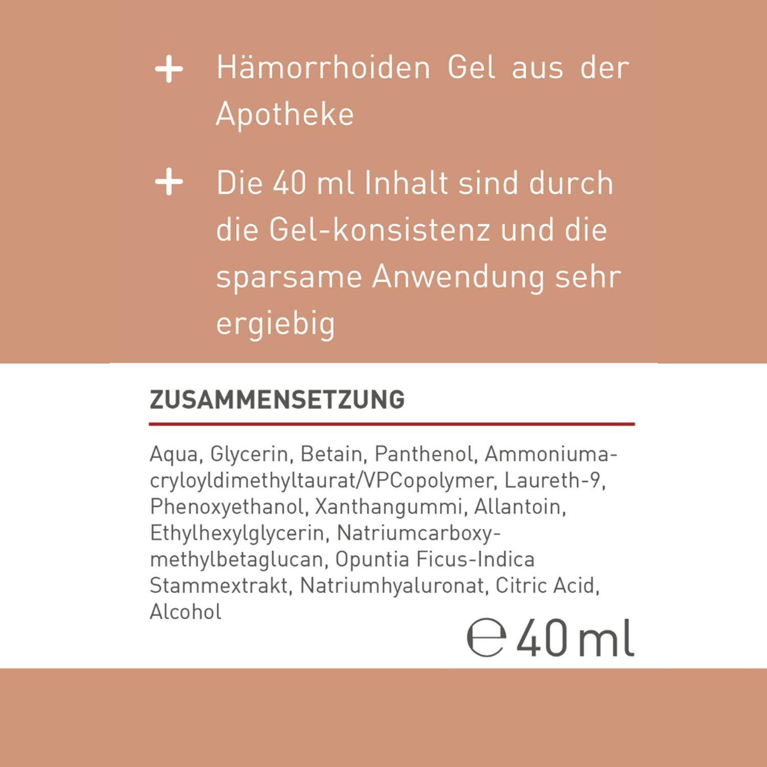 Text auf braunem Hintergrund. Hämorrhoiden Gel aus der Apotheke. 40 ml Inhalt. Zusammensetzung: Aqua, Glycerin, Betain, Panthenol, etc.