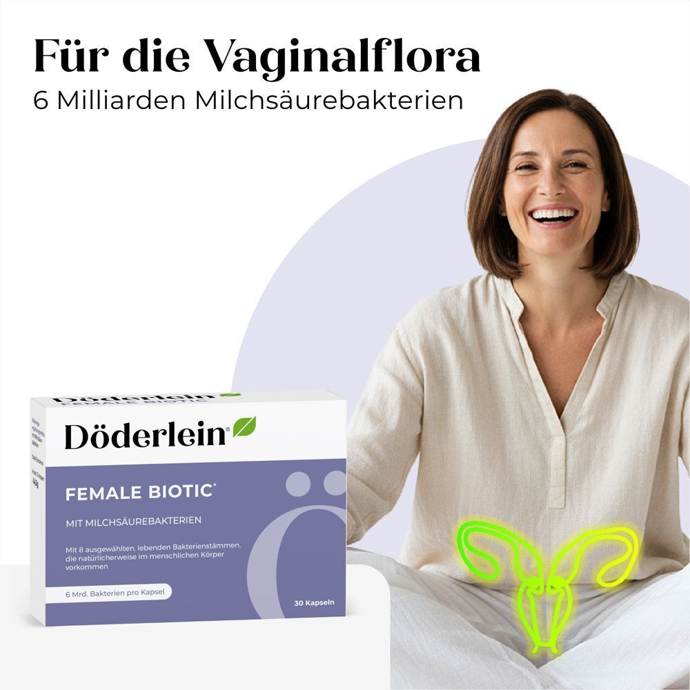Frau lächelt, hält eine Packung Döderlein Female Biotic. Grafik zeigt Vagina und Produktinformationen.