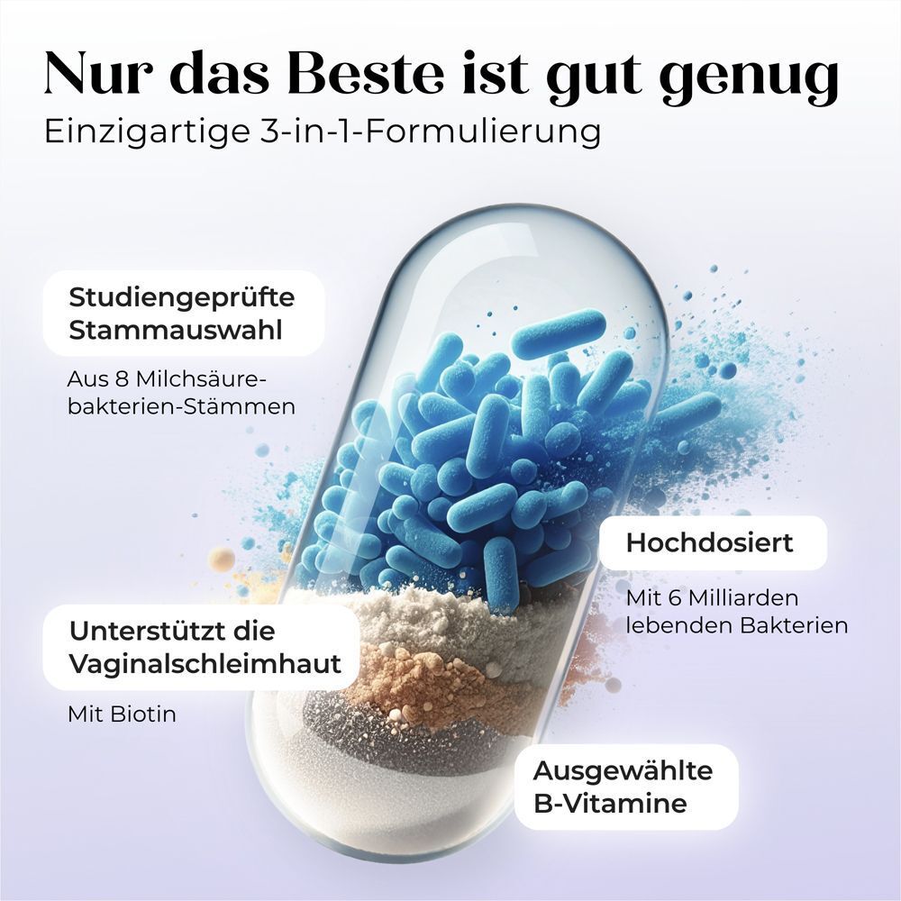 Kapsel mit Inhaltsstoffen von Döderlein Female Biotic. Enthält Milchsäurebakterien und Vitamine.