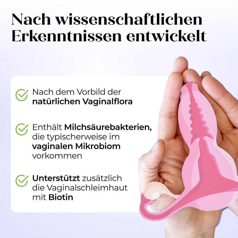 Grafik zeigt eine Vagina und Informationen über Döderlein Female Biotic. Enthält Milchsäurebakterien.