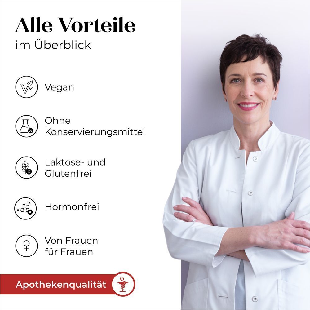 Frau im weißen Kittel. Informationen über Döderlein Female Biotic: vegan, ohne Konservierungsmittel, hormonfrei.