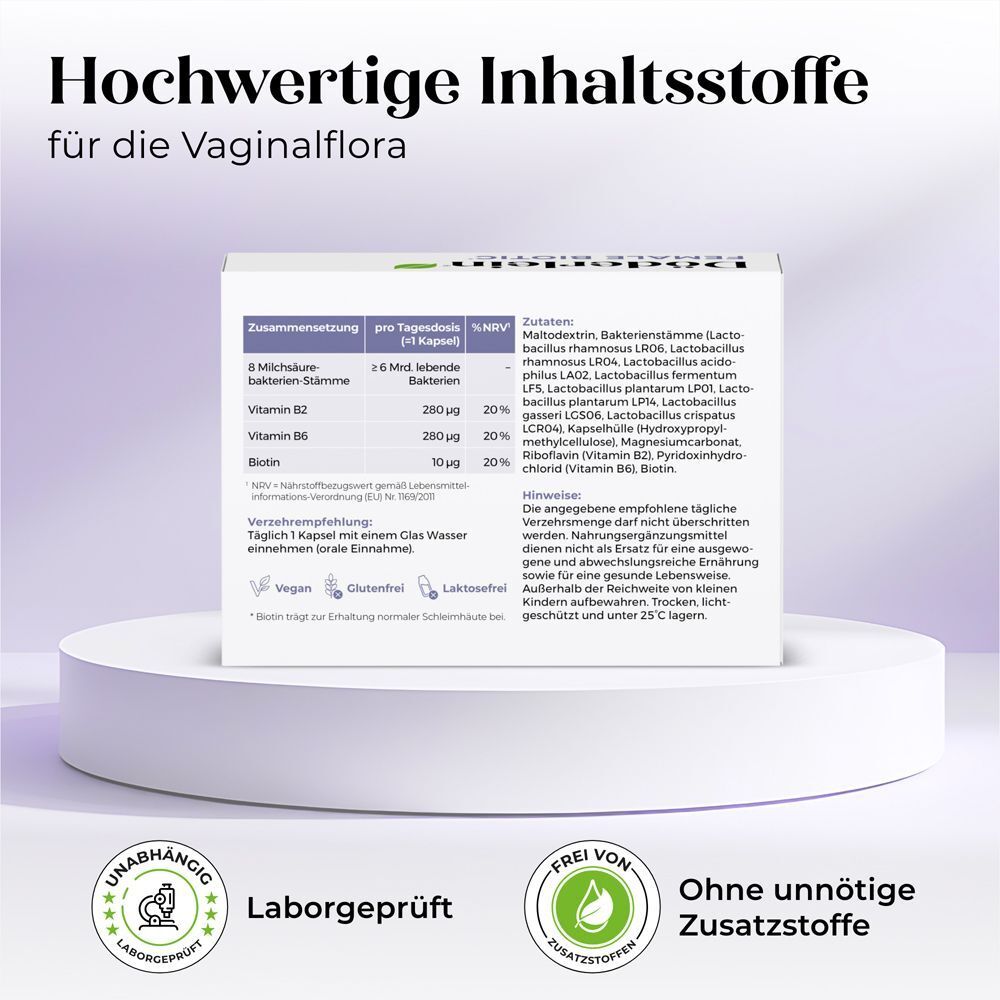 Tabelle mit Inhaltsstoffen von Döderlein Female Biotic. Enthält Milchsäurebakterien, Vitamine und weitere Inhaltsstoffe.