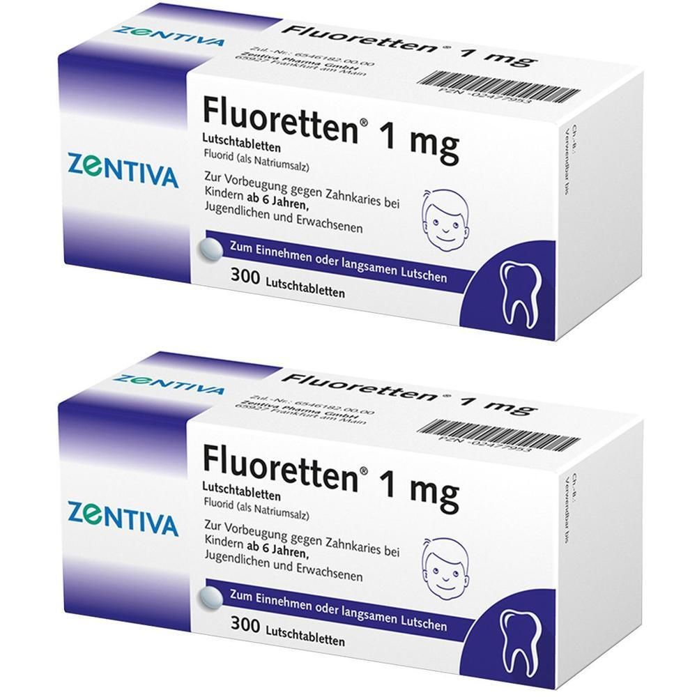 Zwei Packungen Fluoretten 1 mg Lutschtabletten, 300 Stück pro Packung. Zentiva.