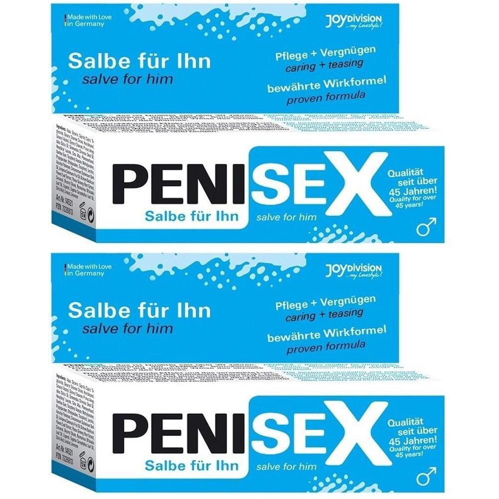Mehrere Tuben PENISEX Salbe. Blaue und weiße Verpackung. Text: Salbe für Ihn, proven formula, Qualität seit über 45 Jahren.