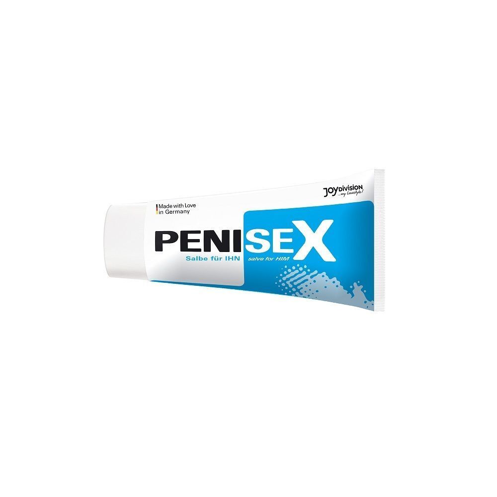 Eine Tube PENISEX Salbe. Blaue und weiße Verpackung. Text: Salbe für Ihn, proven formula, Qualität seit über 45 Jahren.