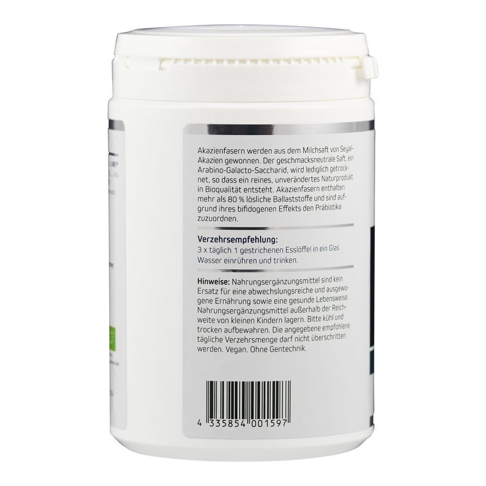 Weißer Behälter, Rückseite mit Text. Textabschnitte zu Inhaltsstoffen und Verzehrempfehlung. Barcode unten.