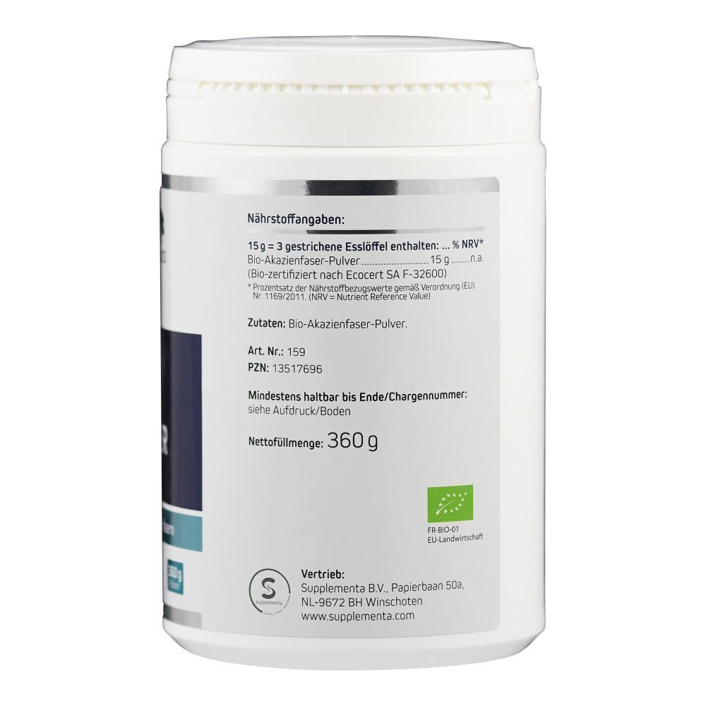Weißer Behälter, Rückseite mit Text. Nährwertangaben, Zutaten, Mindesthaltbarkeit, Nettomenge 360g. Bio-Siegel.