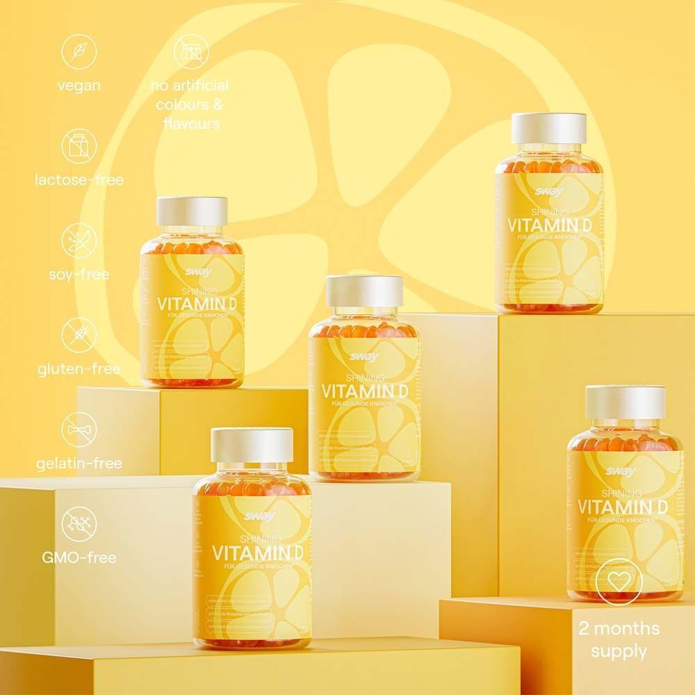 Fünf Flaschen Vitamin D Gummibärchen. Gelbe Etiketten. Aufschrift: Vitamin D. Aufschrift: 2 Monate Vorrat.