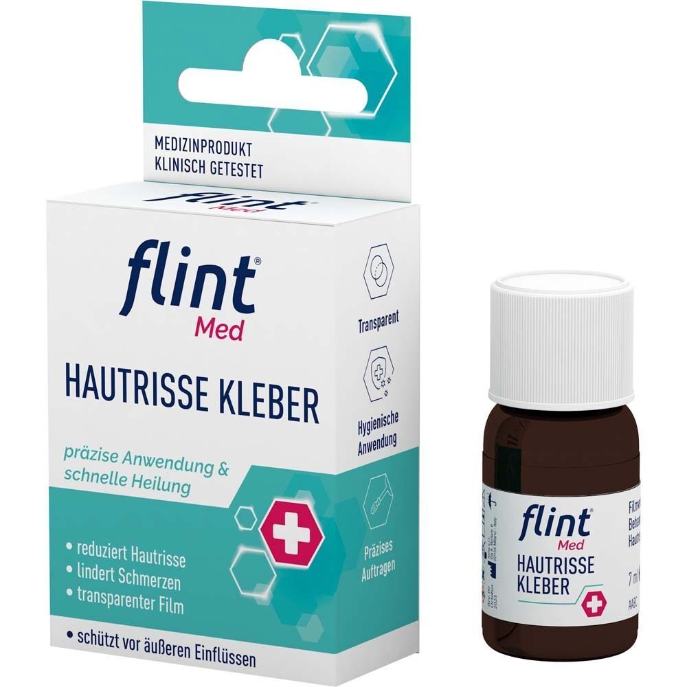 Verpackung und Flasche flint® Med Hautrisse Kleber. Braune Flasche mit weißem Deckel. Medizinprodukt.