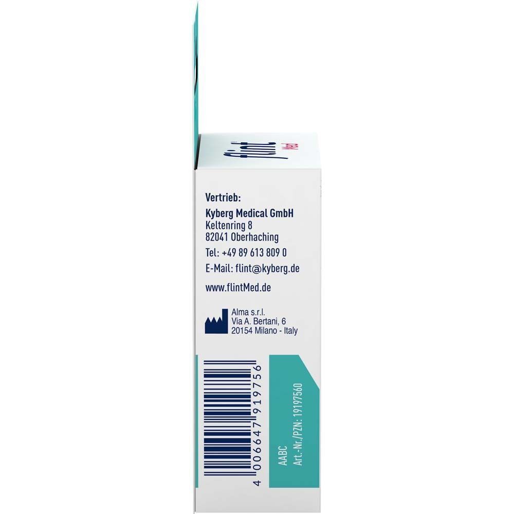 Seitenansicht der Verpackung von flint® Med Hautrisse Kleber. Barcode und Kontaktinformationen.