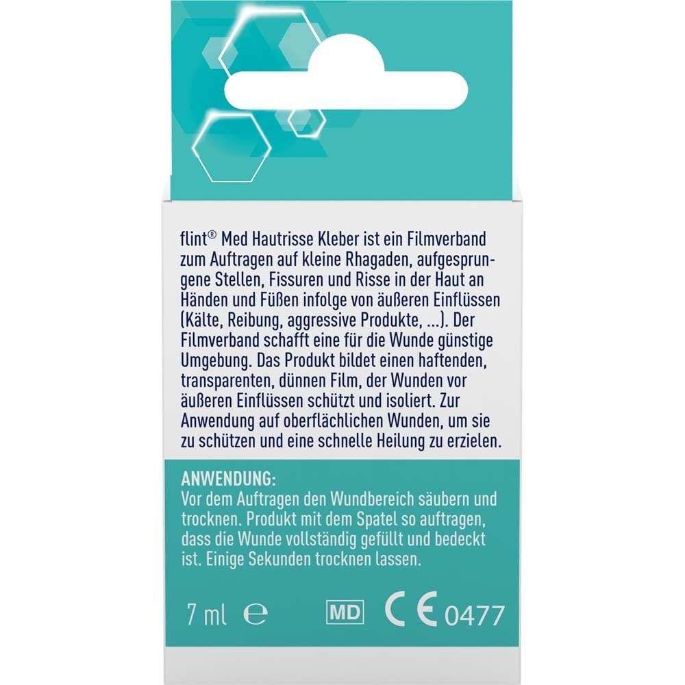 Rückseite der Verpackung von flint® Med Hautrisse Kleber. Produktbeschreibung und Anwendungshinweise.