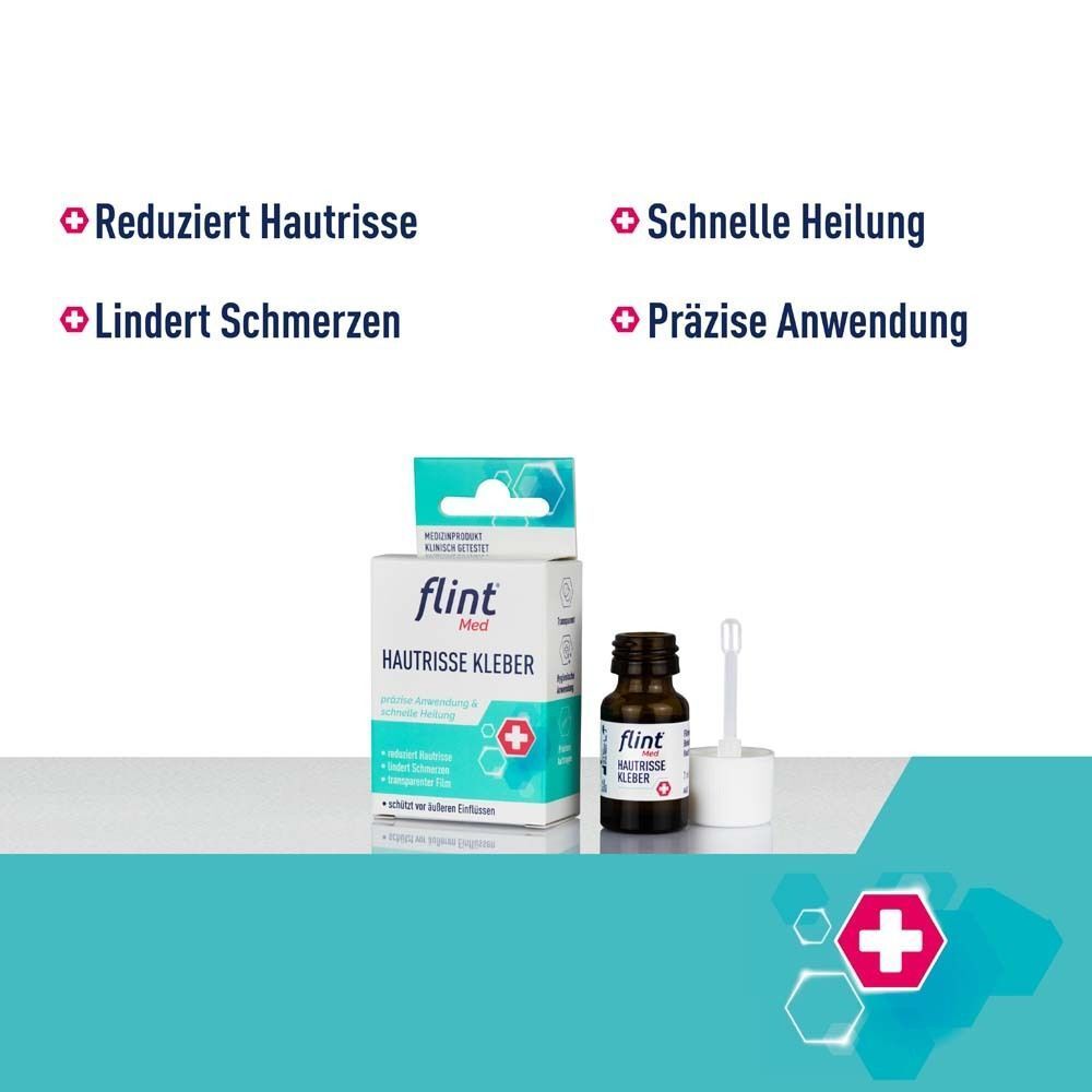 Verpackung, Flasche und Applikator von flint® Med Hautrisse Kleber. Icons für Vorteile des Produkts.
