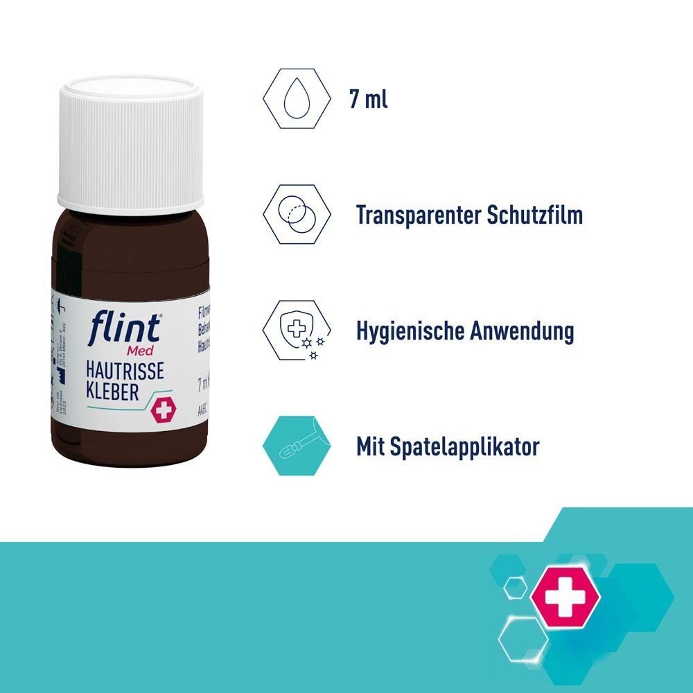 Flasche flint® Med Hautrisse Kleber mit Applikator. 7 ml. Icons für transparente Schutzschicht und hygienische Anwendung.