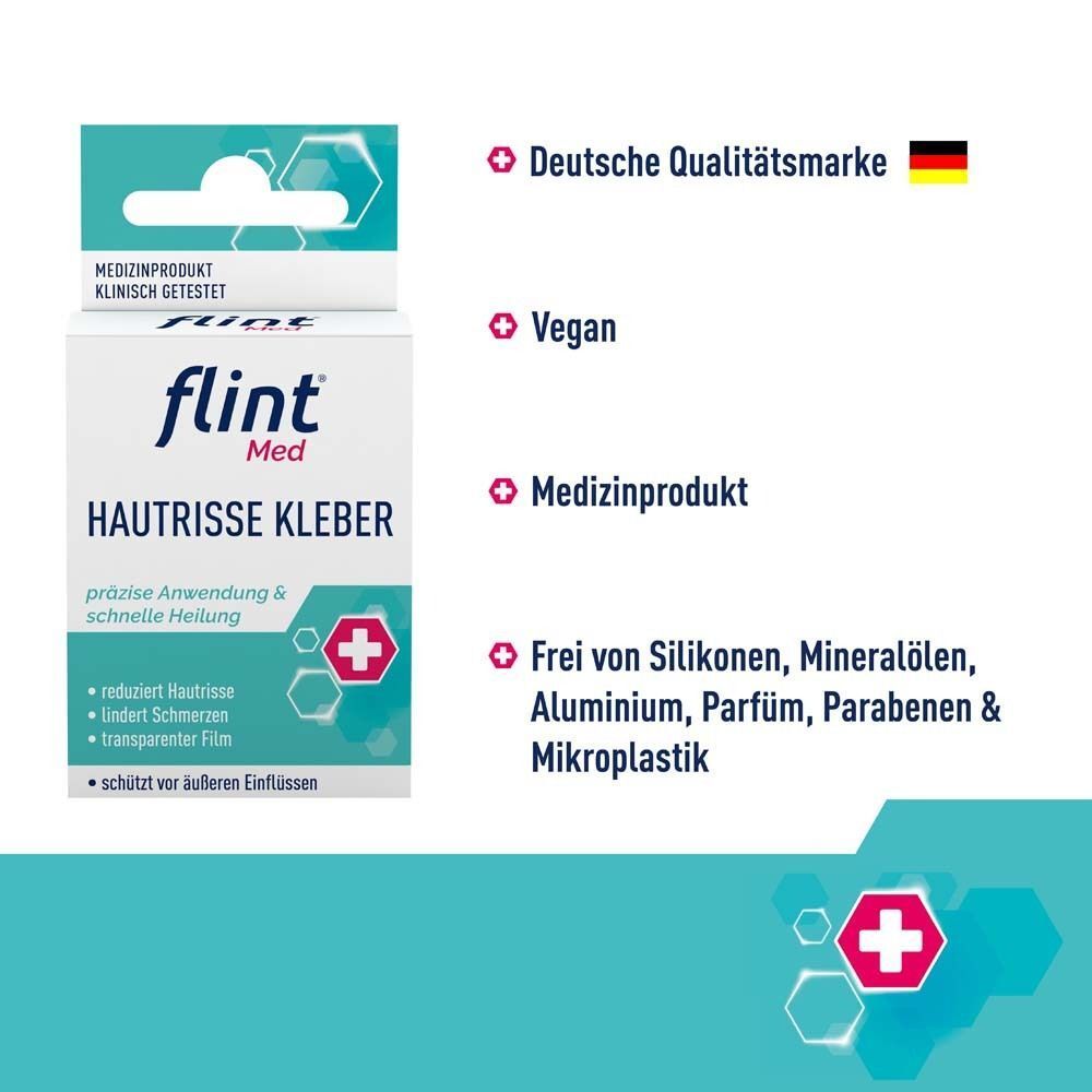 Verpackung von flint® Med Hautrisse Kleber. Deutsche Qualitätsmarke. Vegan. Medizinprodukt. Frei von...