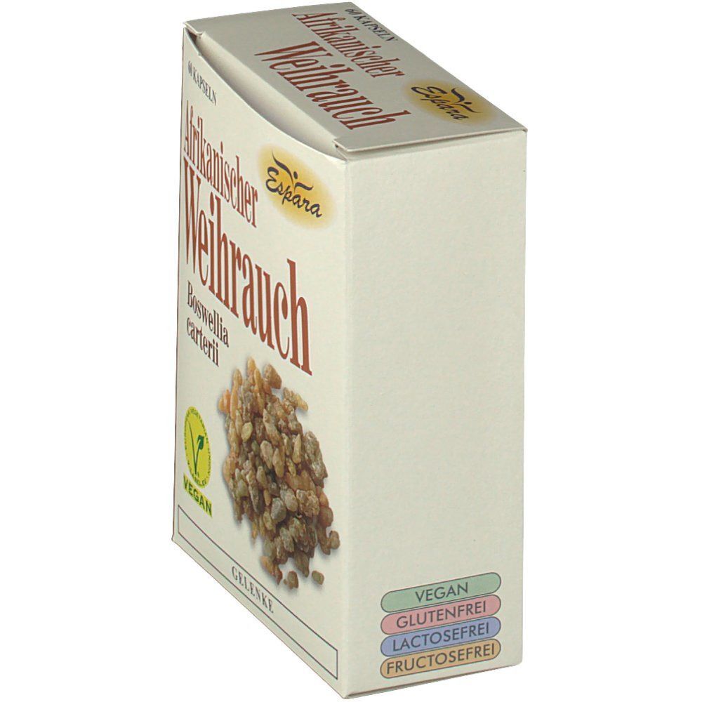 Schachtel Afrikanischer Weihrauch Kapseln. Aufschrift: 60 Kapseln, vegan. Enthält Boswellia carterii. Marke: Espara. Seitenansicht.