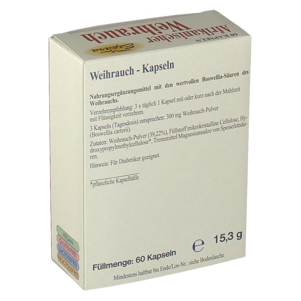 Rückseite der Schachtel Afrikanischer Weihrauch Kapseln. Enthält Informationen zu Inhaltsstoffen und Dosierung. Marke: Espara.