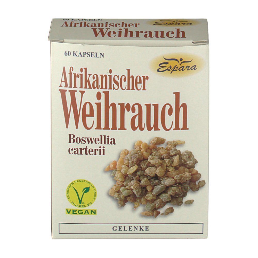 Schachtel Afrikanischer Weihrauch Kapseln. Aufschrift: 60 Kapseln, vegan. Enthält Boswellia carterii. Marke: Espara.