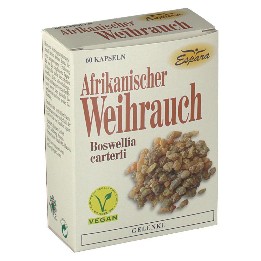 Schachtel Afrikanischer Weihrauch Kapseln. Aufschrift: 60 Kapseln, vegan. Enthält Boswellia carterii. Marke: Espara. Schrägansicht.