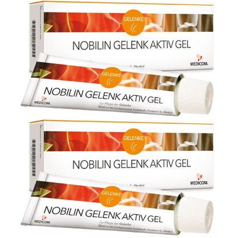 Zwei Tuben und zwei Schachteln NOBILIN Gelenk Aktiv Gel. Weiße Tuben mit weißem Verschluss. Orangefarbene Kreise mit Schriftzug.