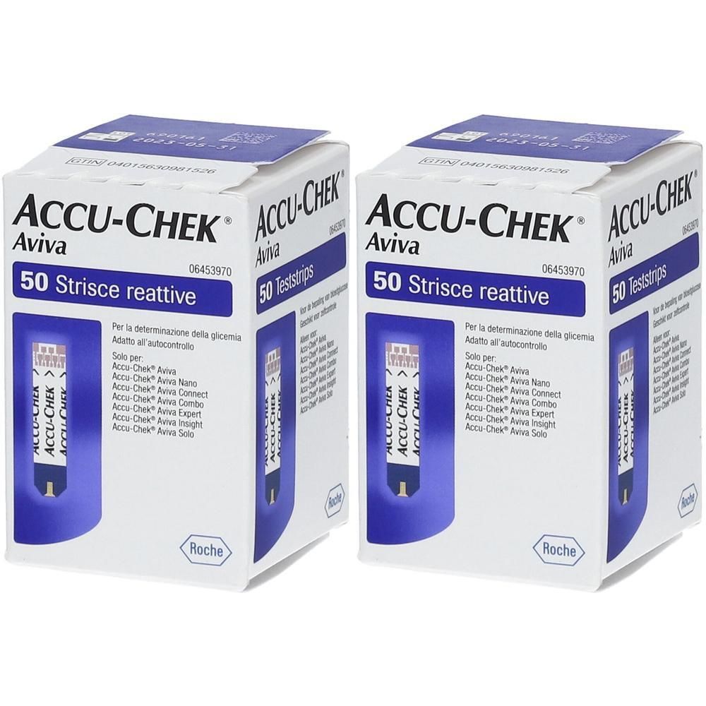 Zwei Packungen ACCU-CHEK Aviva Teststreifen. Jede Packung enthält 50 Teststreifen. Aufdrucke in italienischer Sprache.
