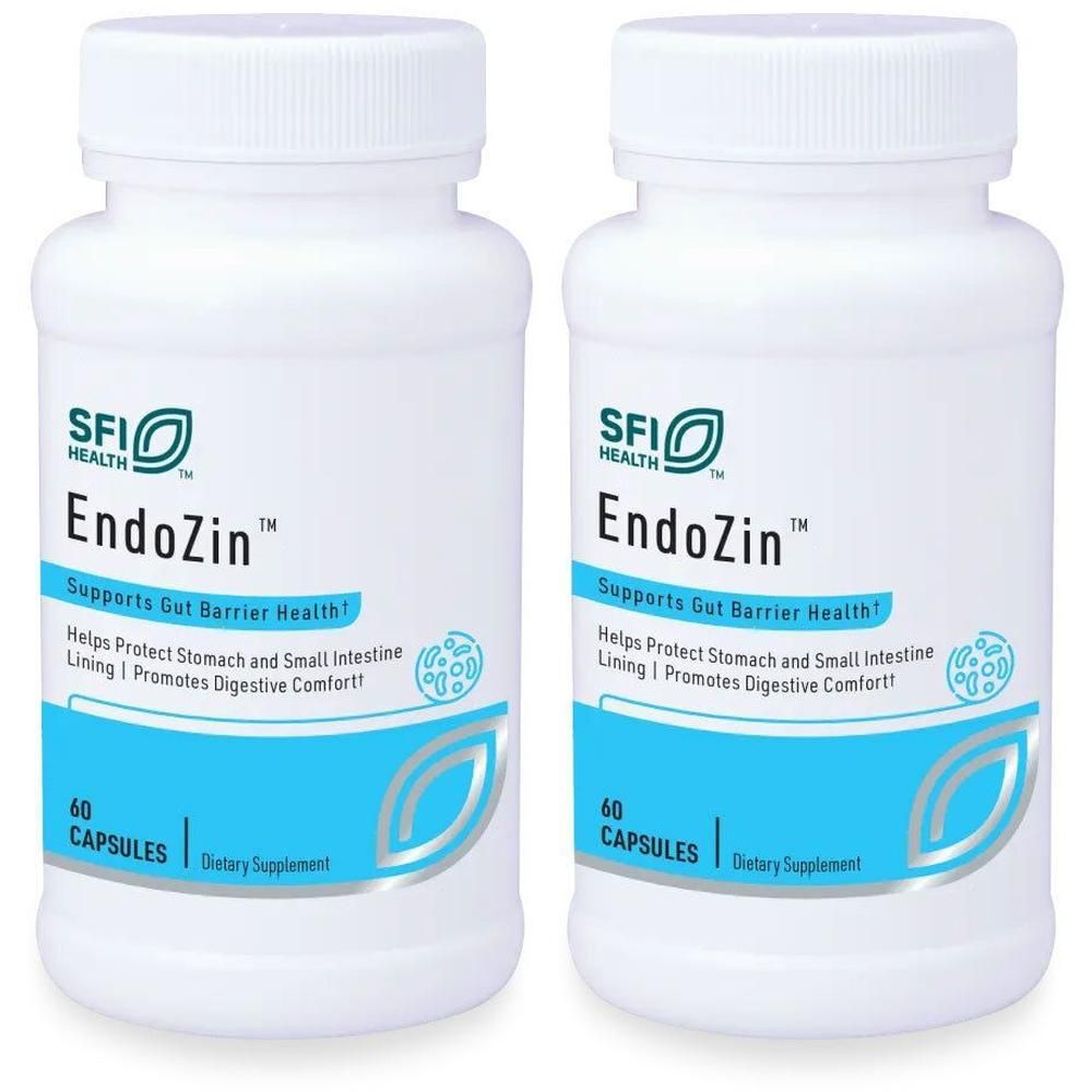 Zwei weiße Flaschen mit Kapseln. Aufschrift: EndoZin, 60 Kapseln, Nahrungsergänzungsmittel. Unterstützt die Gesundheit des Darms.