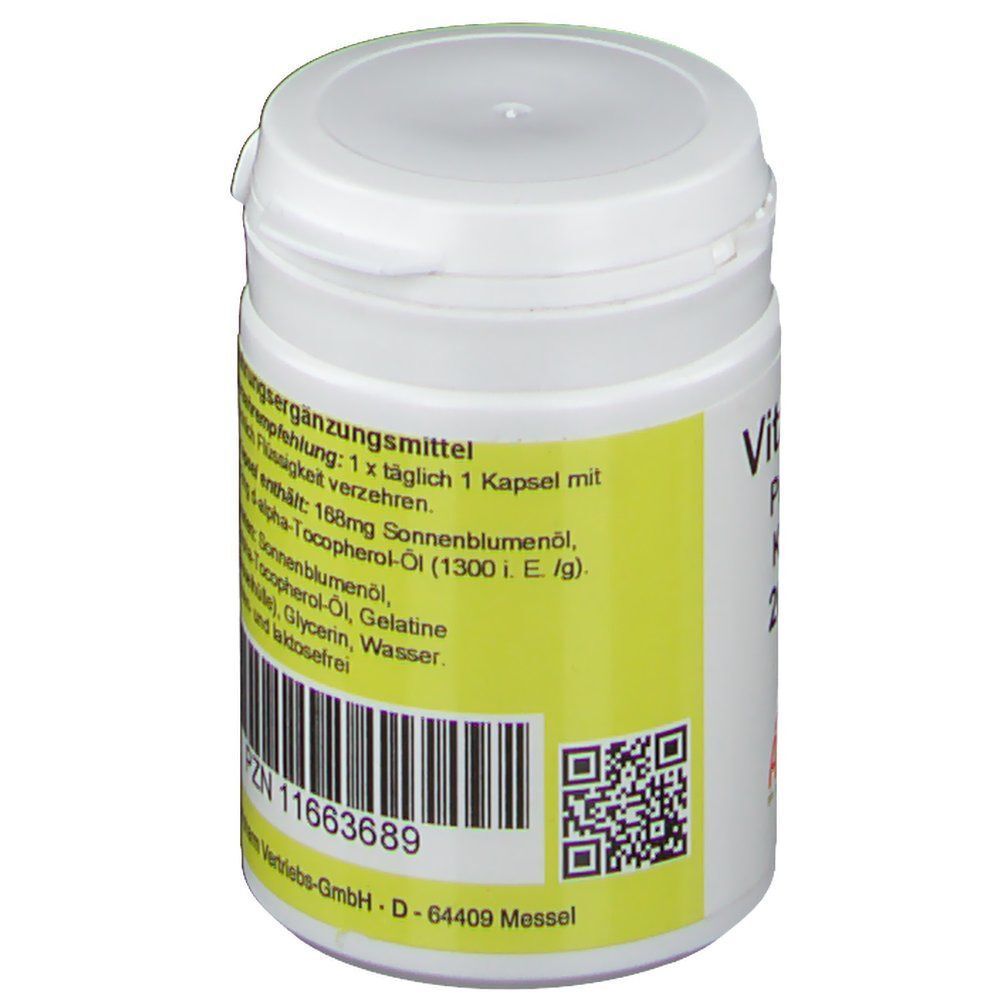 Weiße Pillendose mit gelbem Etikett. Aufschrift: Vitamin E 200 i.E. ALLPHARM Premium. QR-Code.