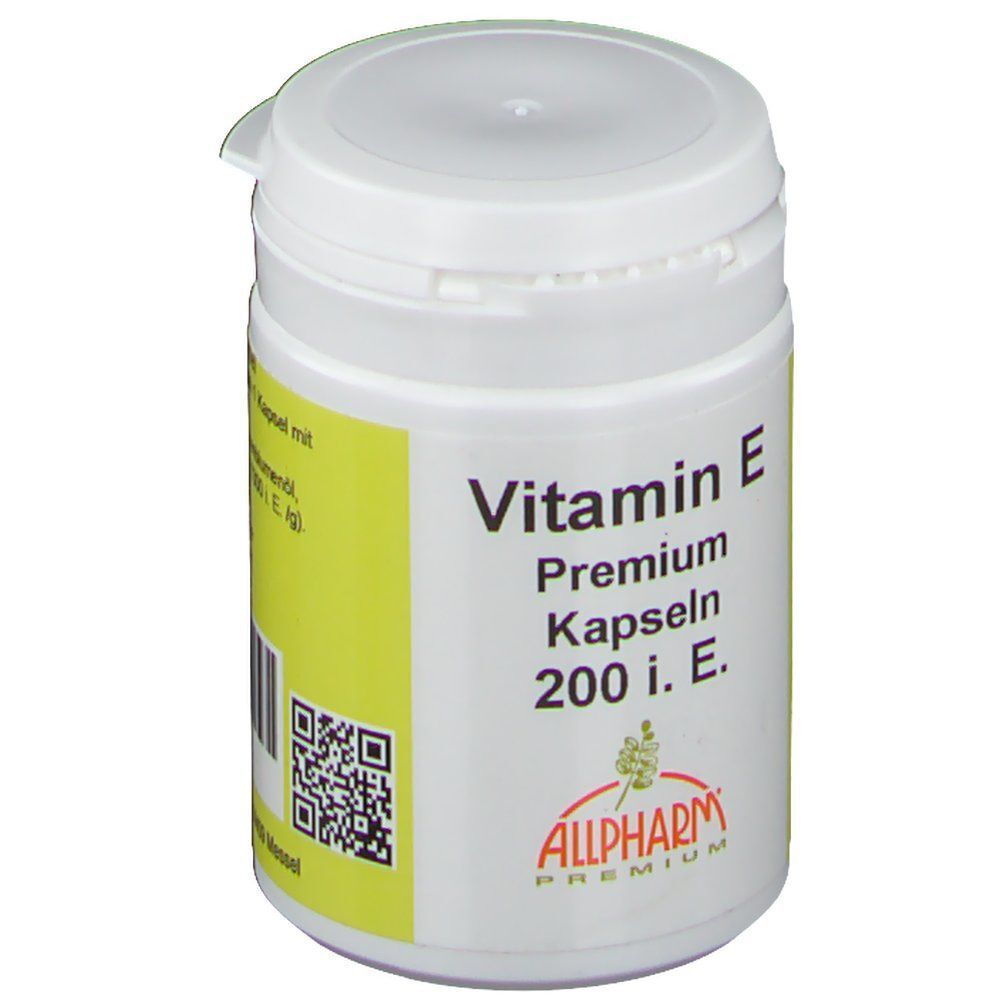 Weiße Pillendose mit gelbem Etikett. Aufschrift: Vitamin E Premium Kapseln 200 i.E. ALLPHARM Premium.