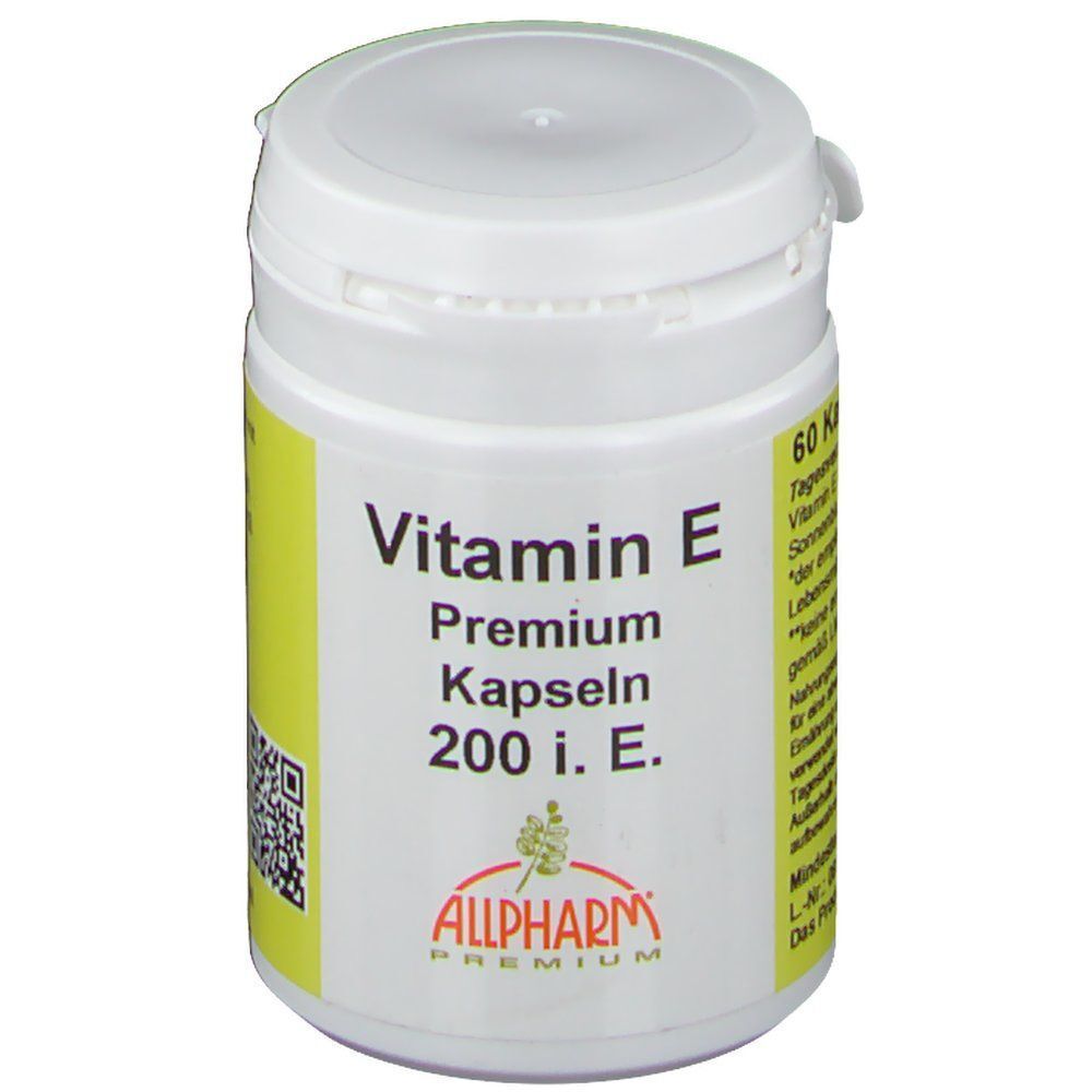 Weiße Pillendose mit gelbem Etikett. Aufschrift: Vitamin E Premium Kapseln 200 i.E. ALLPHARM Premium. 60 Kapseln.