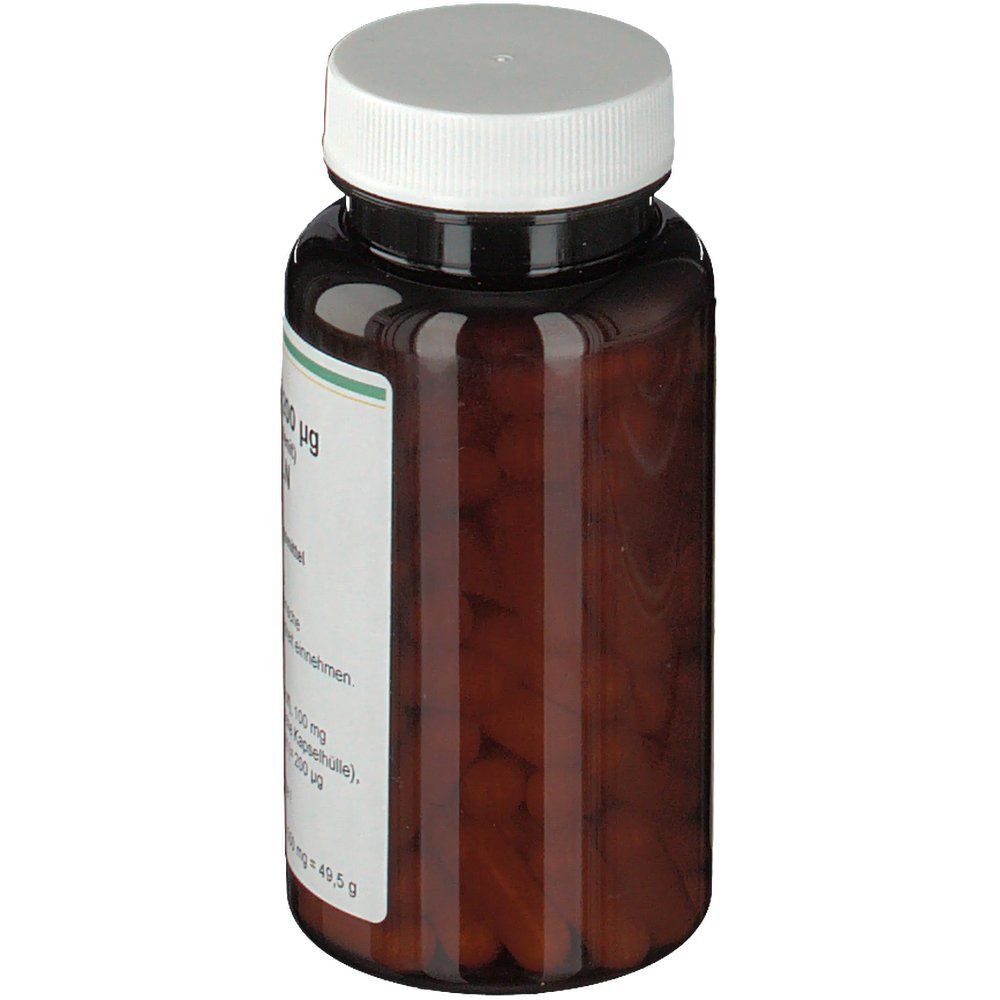 Braune Flasche mit weißem Deckel. Etikett mit Produktinformationen. SELEN 200 µg Kapseln. Nahrungsergänzungsmittel.