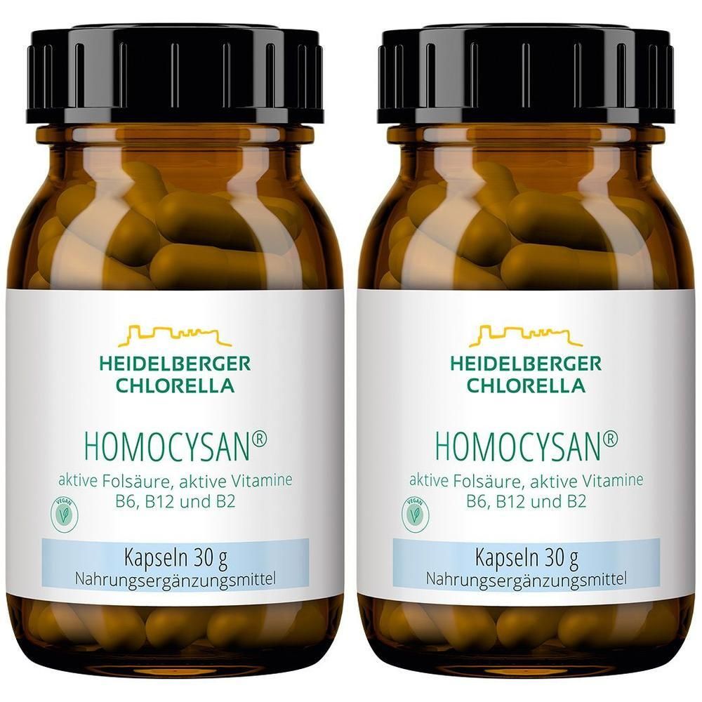 Zwei braune Glasflaschen mit schwarzen Deckeln. Auf den Etiketten steht HOMOCYSAN, aktive Folsäure, Vitamine B6, B12 und B2. Kapseln 30 g.