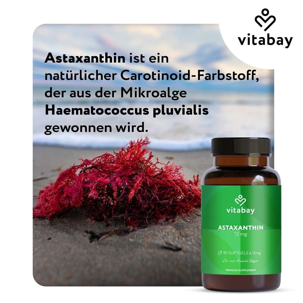 Flasche mit grünem Etikett. Aufschrift: Astaxanthin 12 mg, 90 Softgels. Marke: vitabay. Rotes Algenbündel.