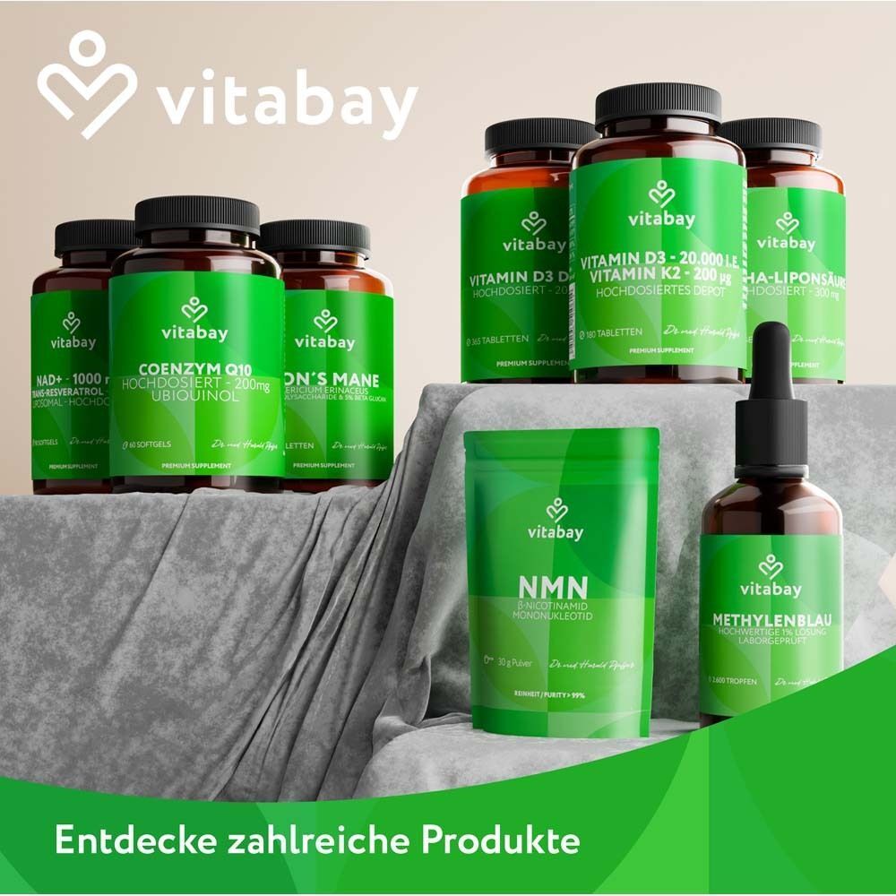 Verschiedene Produkte. Flaschen, Kapseln, Tropfen. Marke: vitabay. Text: Entdecke zahlreiche Produkte.