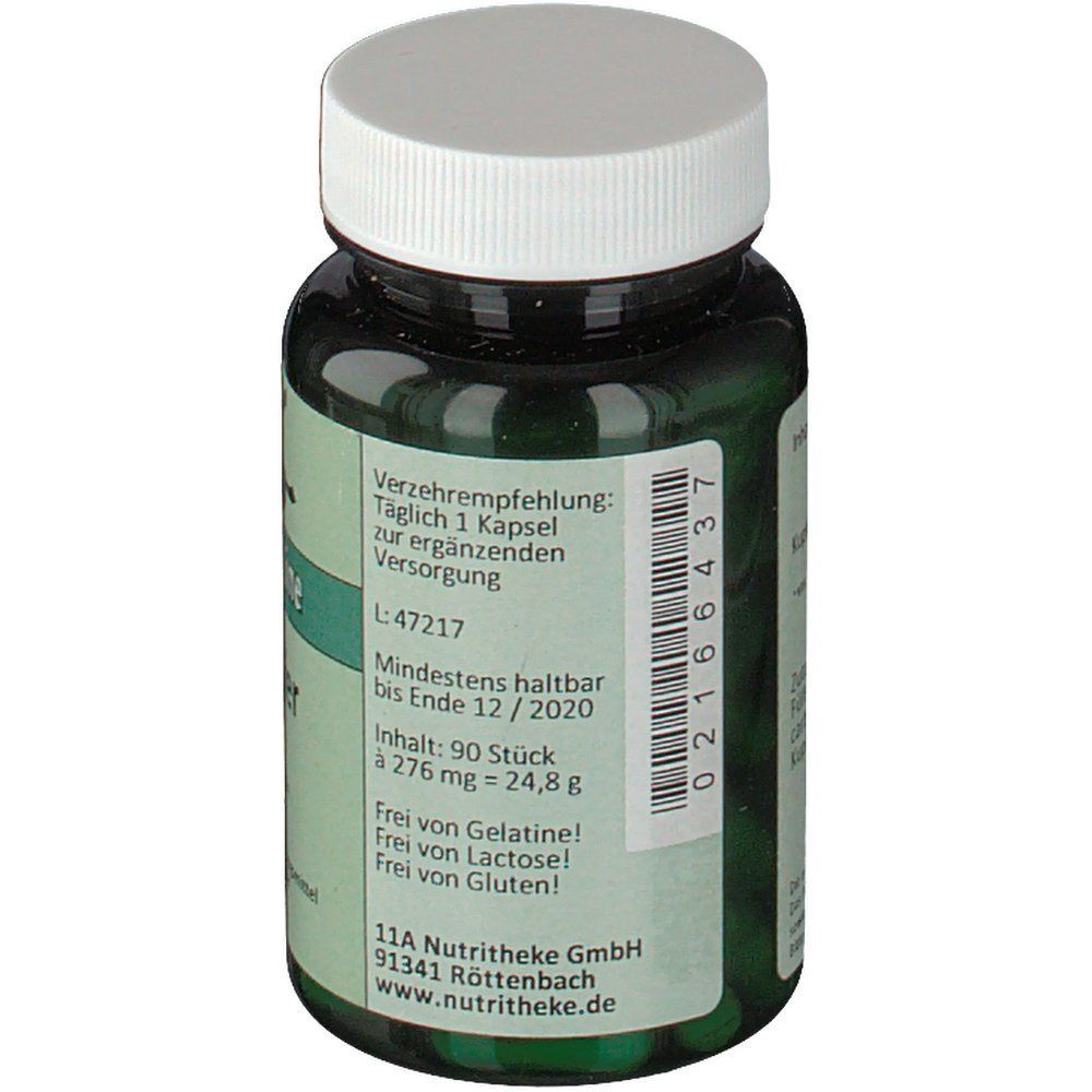 Grüne Glasflasche mit weißem Deckel. Aufschrift: green line Kupfer. Rückseite mit Produktinformationen und Barcode.