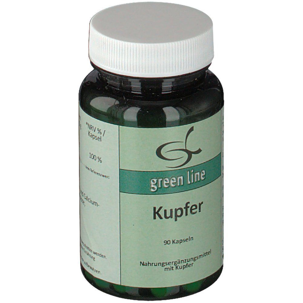 Grüne Glasflasche mit weißem Deckel. Aufschrift: green line Kupfer. 90 Kapseln. Nahrungsergänzungsmittel mit Kupfer.