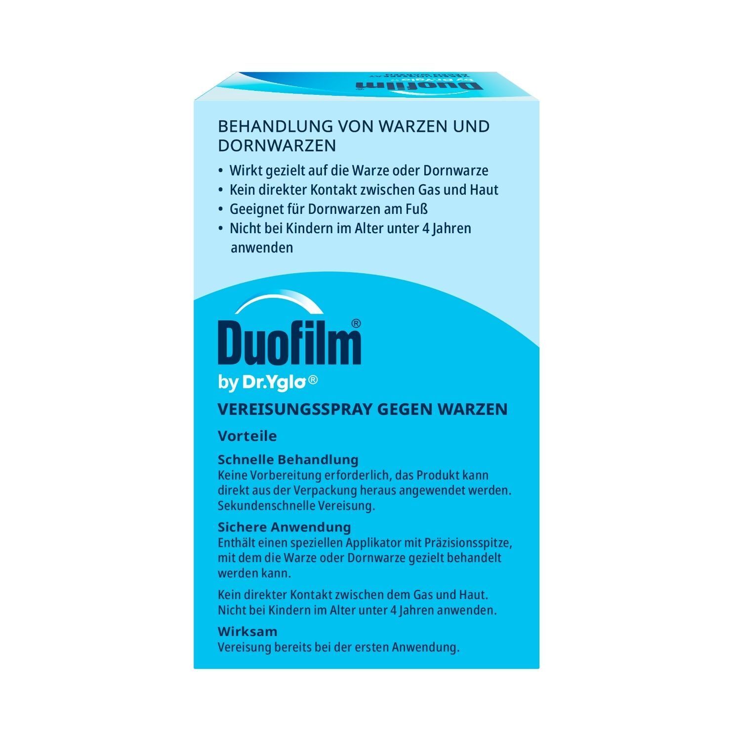 Rückseite der DUOFILM-Verpackung. Text: Behandlung von Warzen und Dornwarzen. Vorteile: schnelle Behandlung, sichere Anwendung, wirksam.
