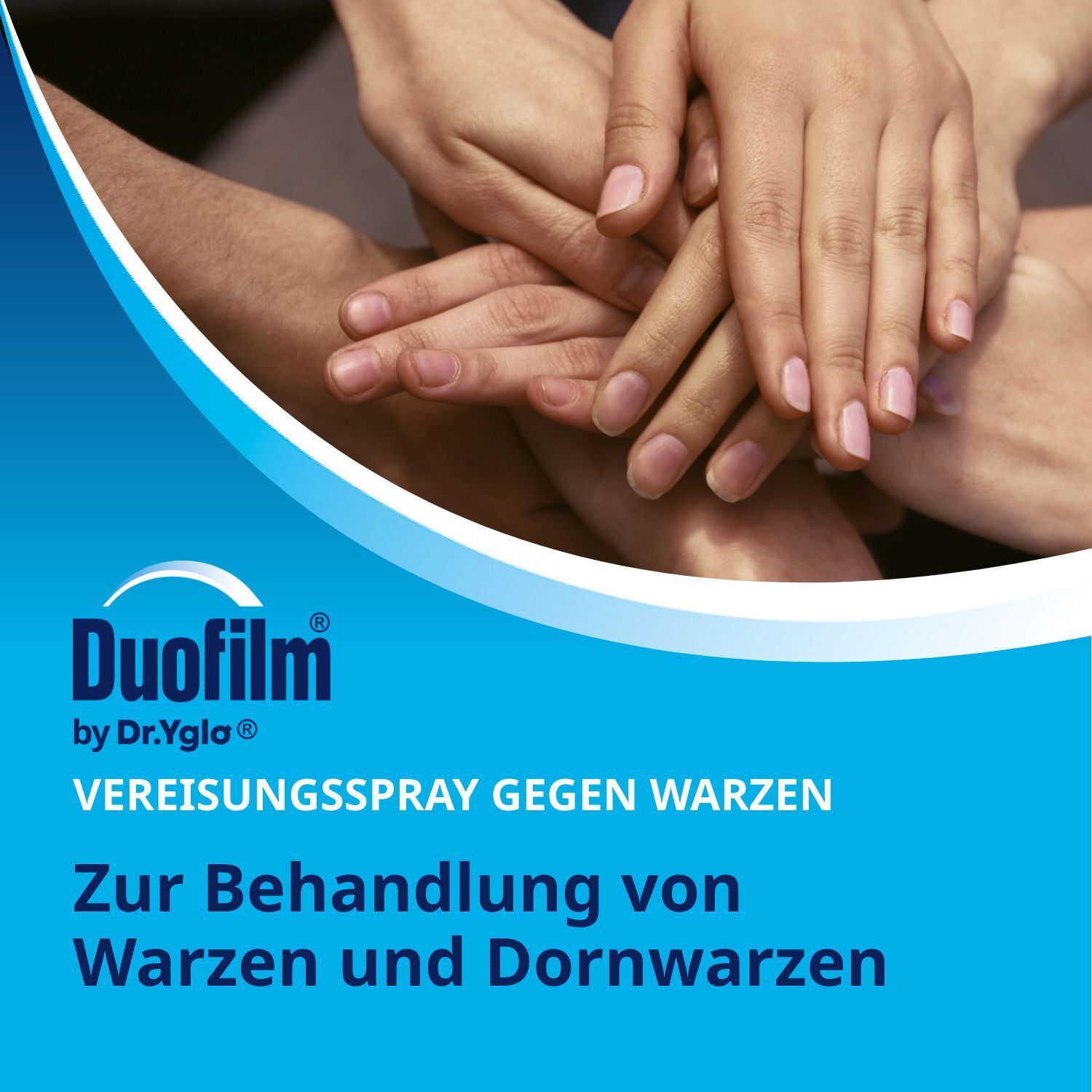 Hände halten sich. DUOFILM-Logo und Text: Zur Behandlung von Warzen und Dornwarzen. Blauer Hintergrund.