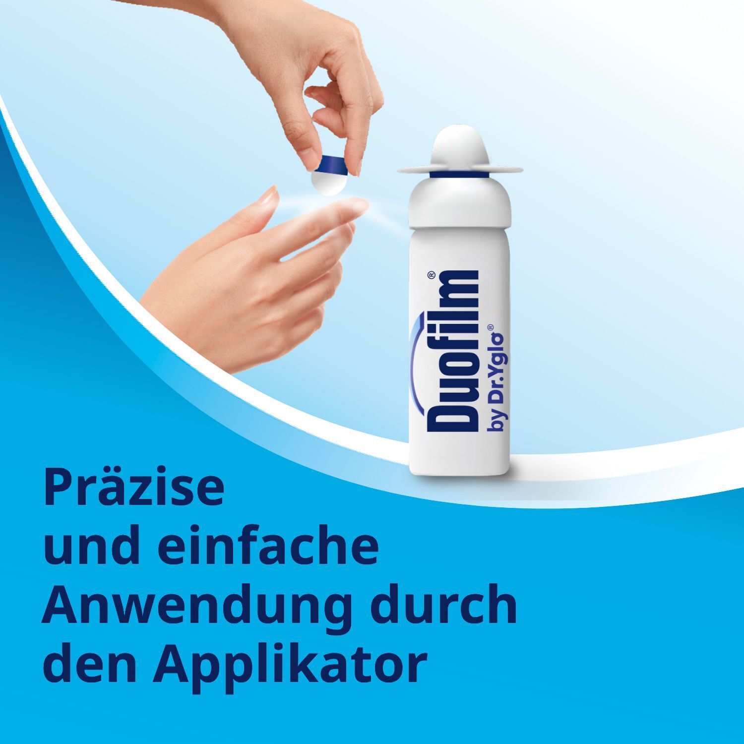 DUOFILM-Spray mit Applikator. Text: Präzise und einfache Anwendung durch den Applikator. Blauer Hintergrund.