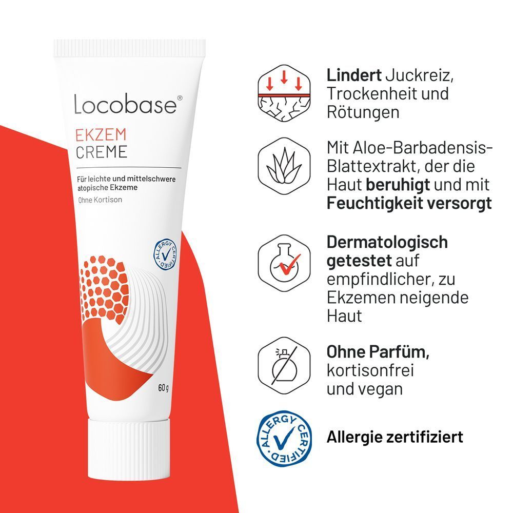 Locobase Ekzem Creme Tube mit Icons für Linderung und Inhaltsstoffe.
