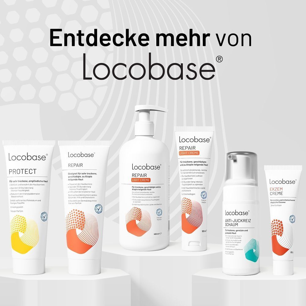 Produktlinie von Locobase mit verschiedenen Cremes und Lotionen.