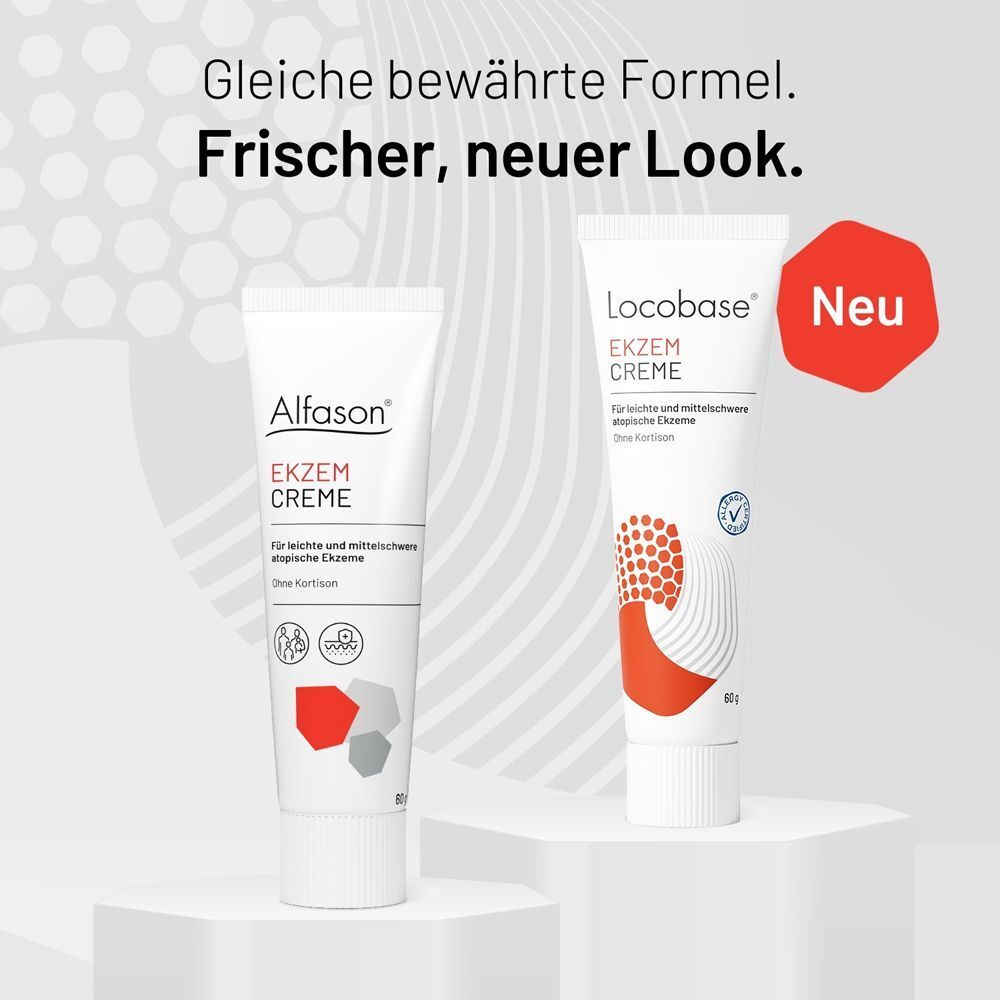 Locobase Ekzem Creme neben Alfason Ekzem Creme, beide neu.