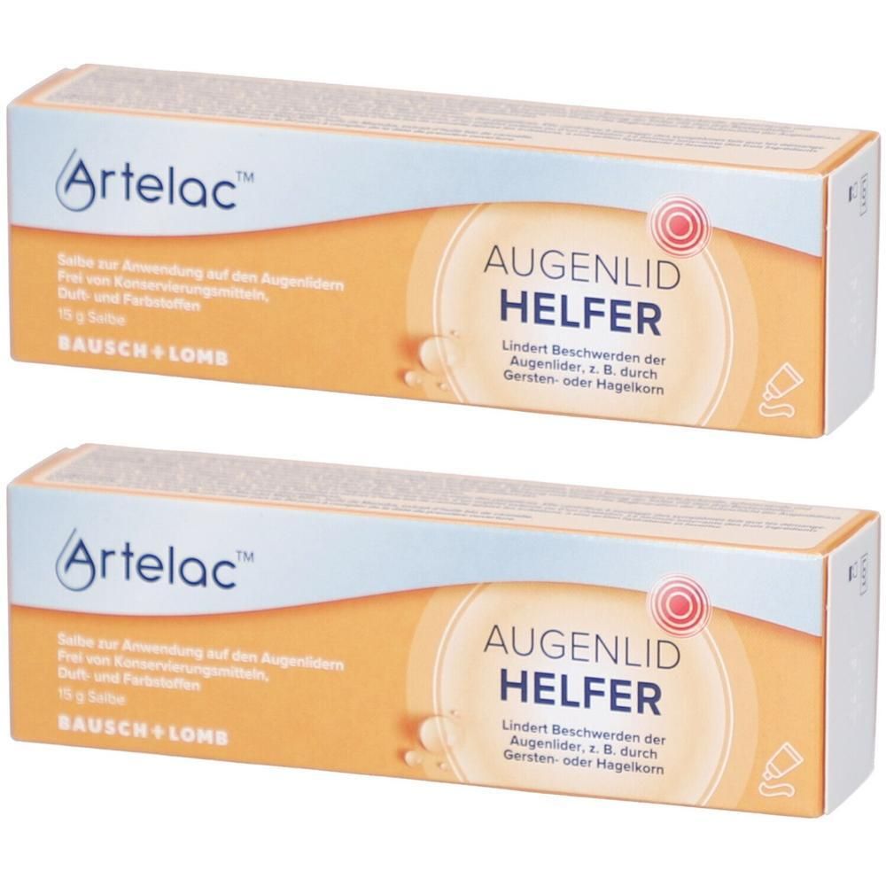 Zwei Schachteln ARTELAC Augenlidhelfer Salbe. Aufschrift: AUGENLID HELFER. Marke: ARTELAC. Hersteller: BAUSCH + LOMB. Verpackung mit gelben und blauen Elementen.