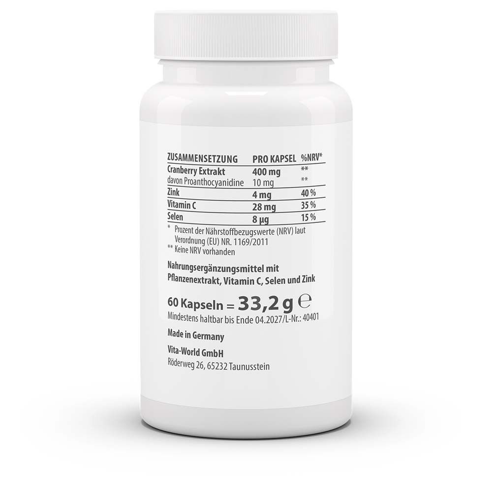 Weiße Flasche mit Schraubverschluss. Rückseite mit Inhaltsangaben: Cranberry Extrakt, Zink, Vitamin C, Selen. 60 Kapseln.