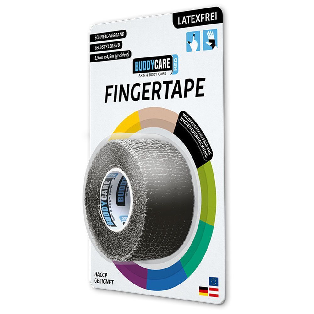 Packung BUDDYCARE® MED Fingertape. Schwarzes, selbstklebendes Tape, latexfrei. Produkt in Verpackung, mit Produktinformationen und farbigem Kreis.