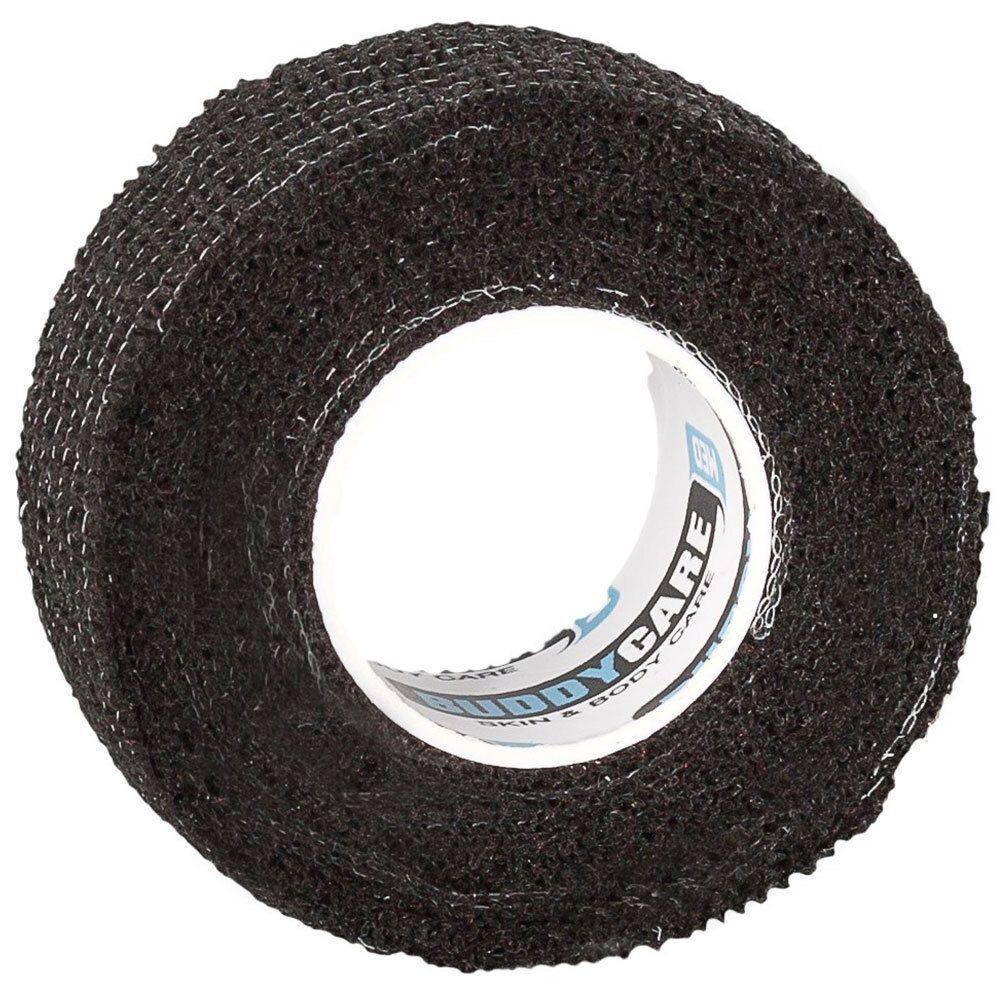 Rolle BUDDYCARE® MED Fingertape. Schwarzes, selbstklebendes Tape, latexfrei. Aufgerollt, mit sichtbarem Markennamen auf der Innenseite.