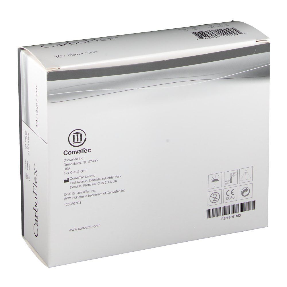 Rückseite einer CarboFlex-Verpackung. Informationen zu Hersteller, CE-Kennzeichnung, Chargennummer.