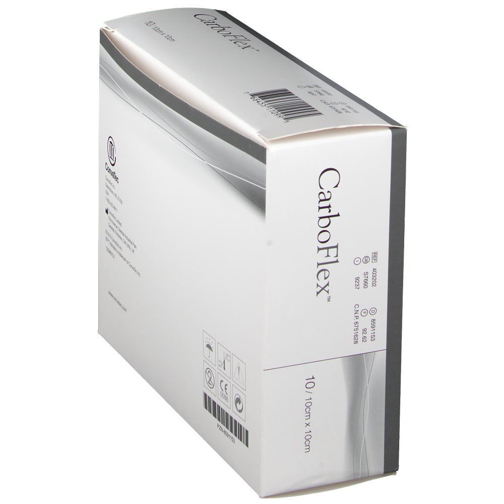 CarboFlex-Verpackung, schräg. Aufdruck: CarboFlex, 10cm x 10cm, 10 Stück.
