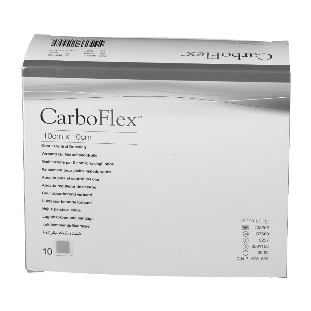 CarboFlex-Verpackung. Aufdruck: CarboFlex, 10cm x 10cm, 10 Stück, steril.