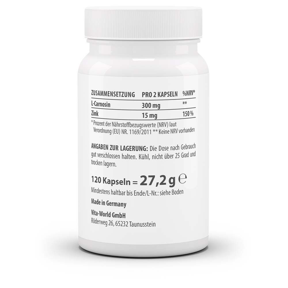 Weiße Flasche mit Schraubverschluss. Rückseite mit Text: Zusammensetzung, 120 Kapseln = 27,2g, Angaben zur Lagerung, Mindestens haltbar bis Ende.